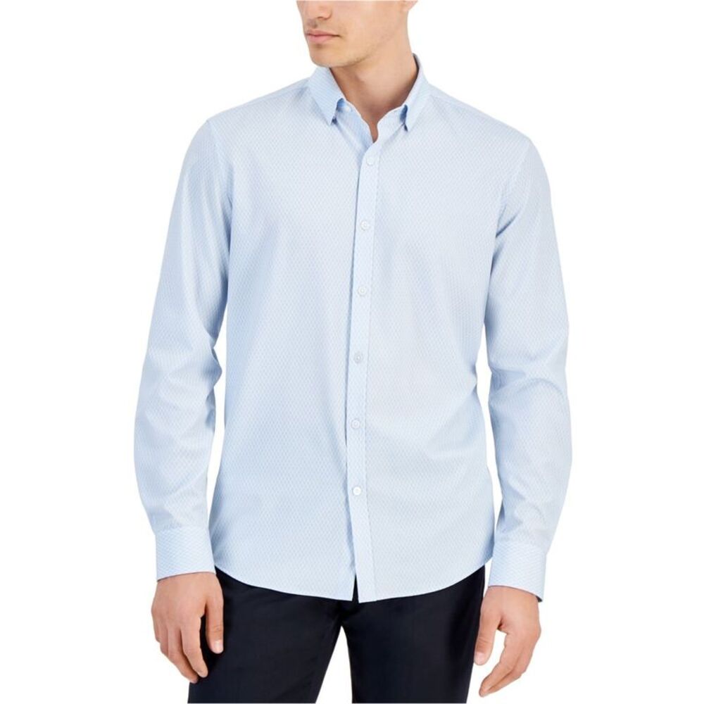 Alfani Mens Geo Print Button Up Shirt, Blue, 2XL Neck, DM